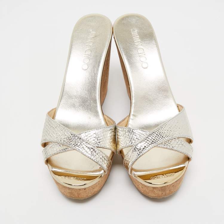 Pre Owned Jimmy Choo Gold Textured Leather Perfume Wedge Slide Sandals Size 37