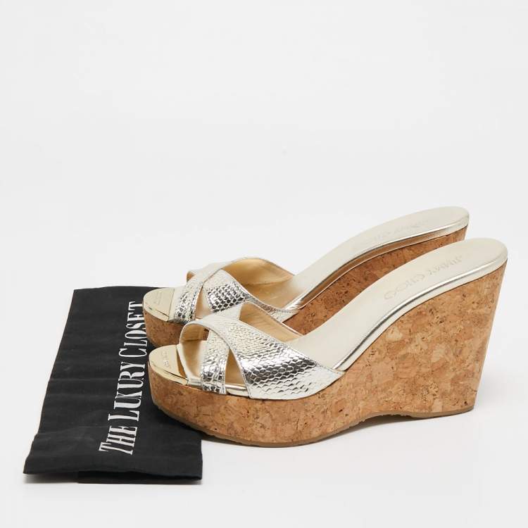 Pre Owned Jimmy Choo Gold Textured Leather Perfume Wedge Slide Sandals Size 37