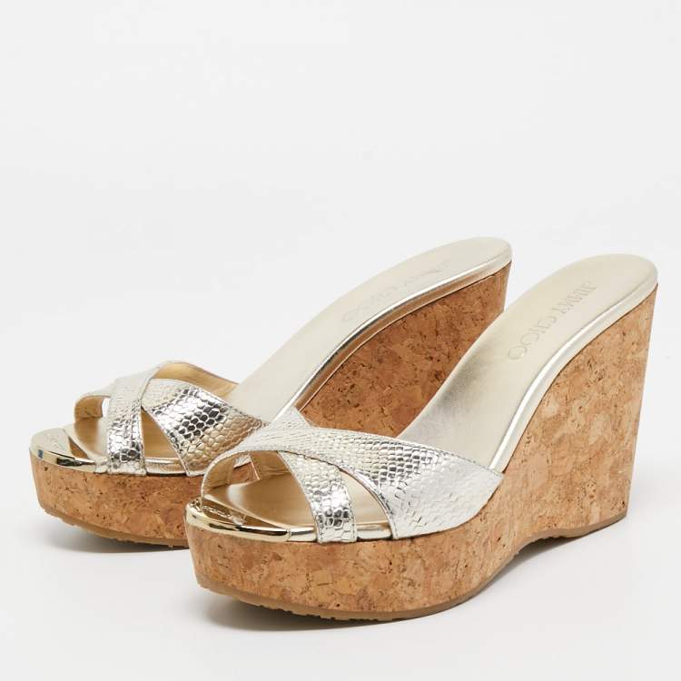 Pre Owned Jimmy Choo Gold Textured Leather Perfume Wedge Slide Sandals Size 37