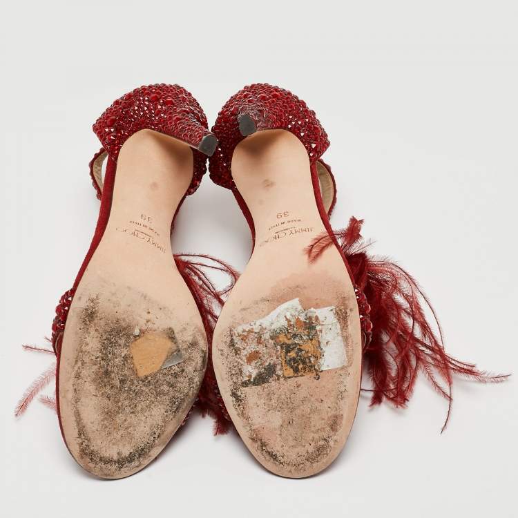 Pre Owned Jimmy Choo Dark Red Crystal Embellished Suede and Ostrich Feather Viola Sandals Size 39