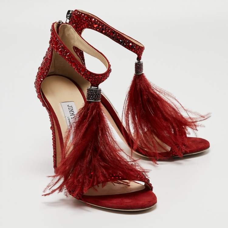 Pre Owned Jimmy Choo Dark Red Crystal Embellished Suede and Ostrich Feather Viola Sandals Size 39