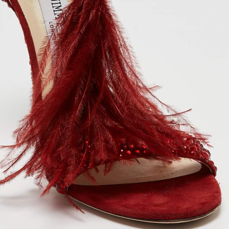 Pre Owned Jimmy Choo Dark Red Crystal Embellished Suede and Ostrich Feather Viola Sandals Size 39