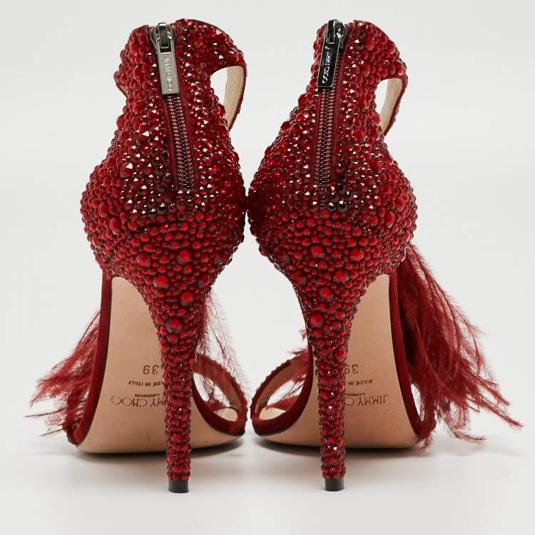 Pre Owned Jimmy Choo Dark Red Crystal Embellished Suede and Ostrich Feather Viola Sandals Size 39