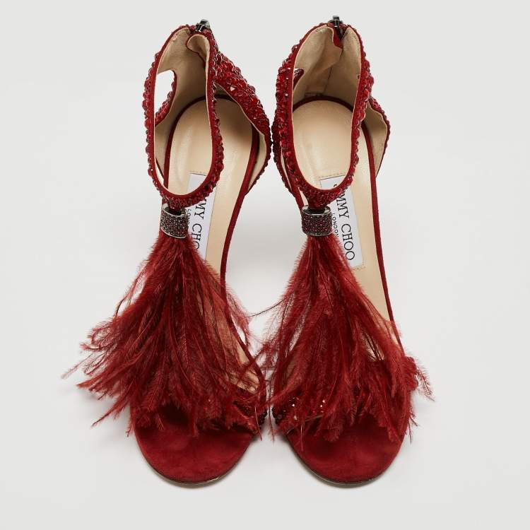 Pre Owned Jimmy Choo Dark Red Crystal Embellished Suede and Ostrich Feather Viola Sandals Size 39