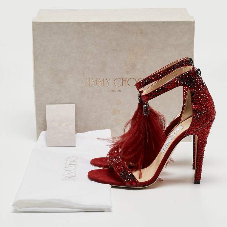 Pre Owned Jimmy Choo Dark Red Crystal Embellished Suede and Ostrich Feather Viola Sandals Size 39