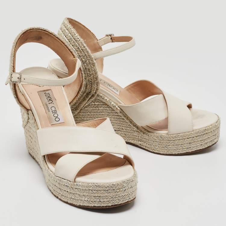 Pre Owned Jimmy Choo White Leather Dellena Espadrille Wedge Sandals Size 38
