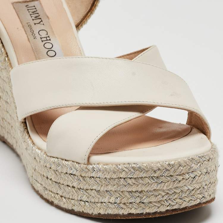 Pre Owned Jimmy Choo White Leather Dellena Espadrille Wedge Sandals Size 38
