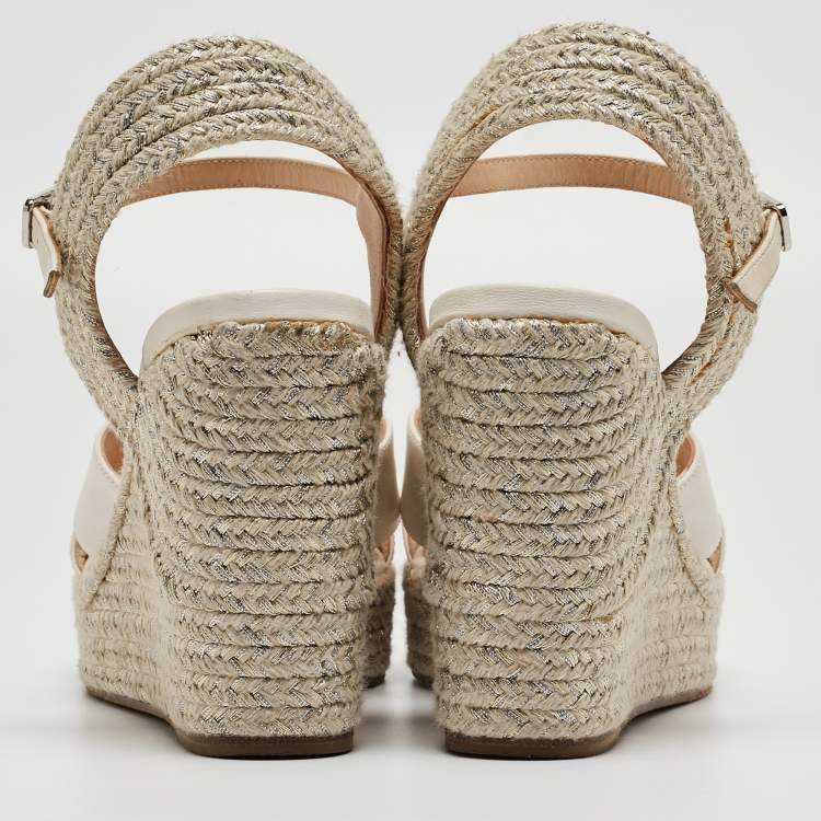 Pre Owned Jimmy Choo White Leather Dellena Espadrille Wedge Sandals Size 38