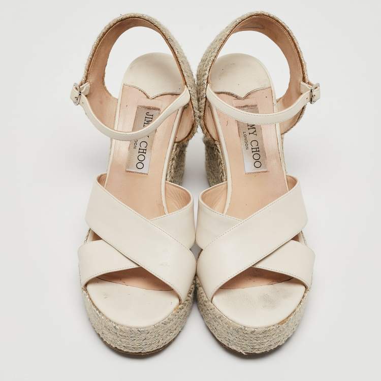 Pre Owned Jimmy Choo White Leather Dellena Espadrille Wedge Sandals Size 38