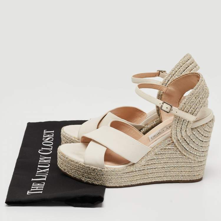 Pre Owned Jimmy Choo White Leather Dellena Espadrille Wedge Sandals Size 38