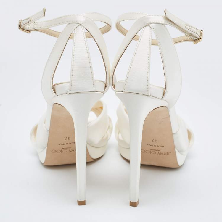 Pre Owned Jimmy Choo Ivory Satin Rosie Ankle Strap Sandals Size 37