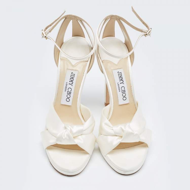 Pre Owned Jimmy Choo Ivory Satin Rosie Ankle Strap Sandals Size 37