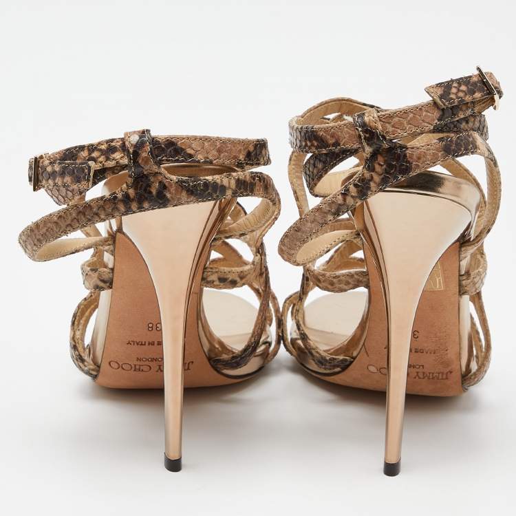 Pre Owned Jimmy Choo Beige Python Embossed Leather Ankle Strap Sandals Size 38