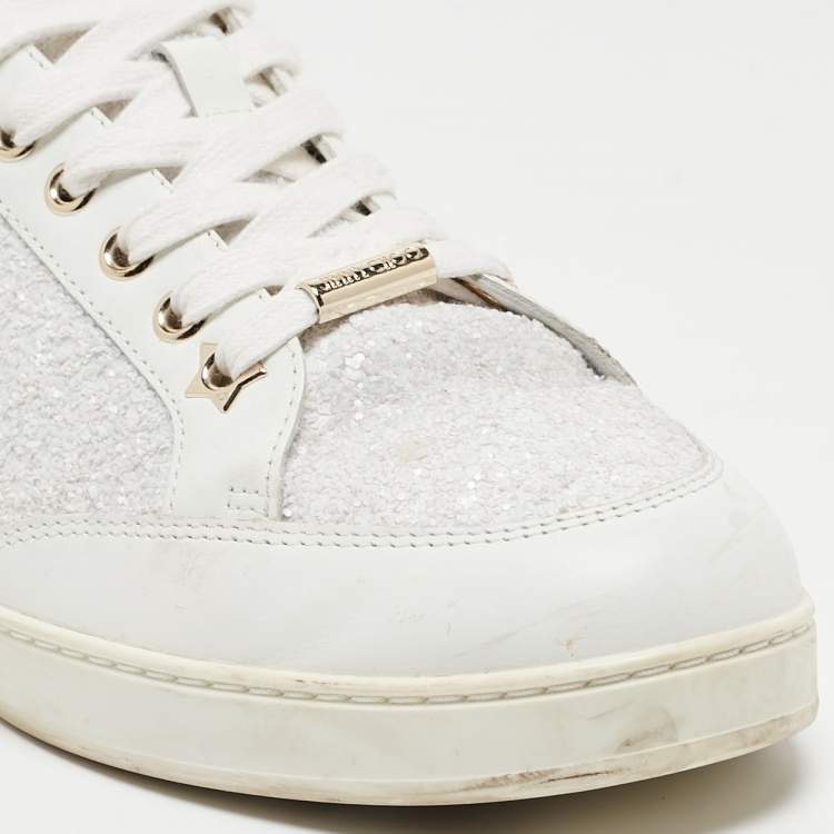 Pre Owned Jimmy Choo White Glitter And Leather Low Top Sneakers Size 41