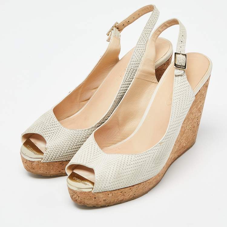 Pre Owned Jimmy Choo Grey Faux Leather Prova Slingback Cork Wedge Sandals Size 40.5