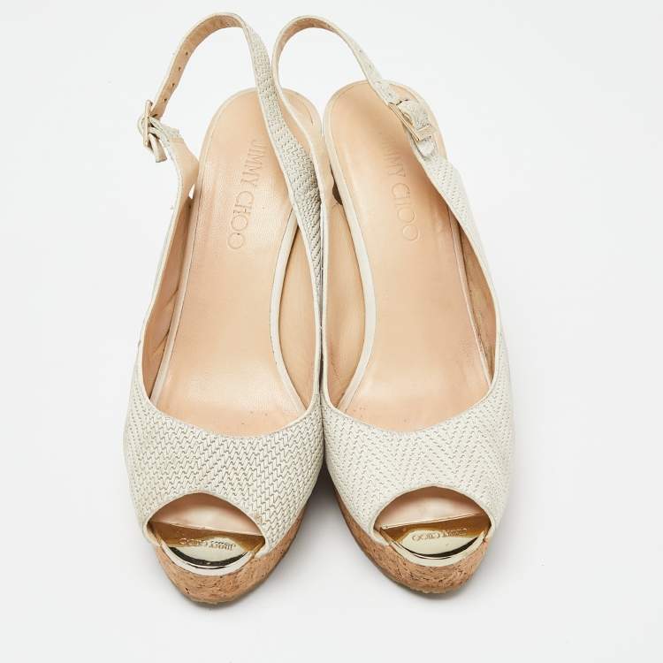 Pre Owned Jimmy Choo Grey Faux Leather Prova Slingback Cork Wedge Sandals Size 40.5