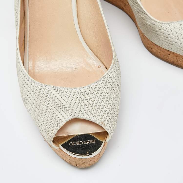 Pre Owned Jimmy Choo Grey Faux Leather Prova Slingback Cork Wedge Sandals Size 40.5