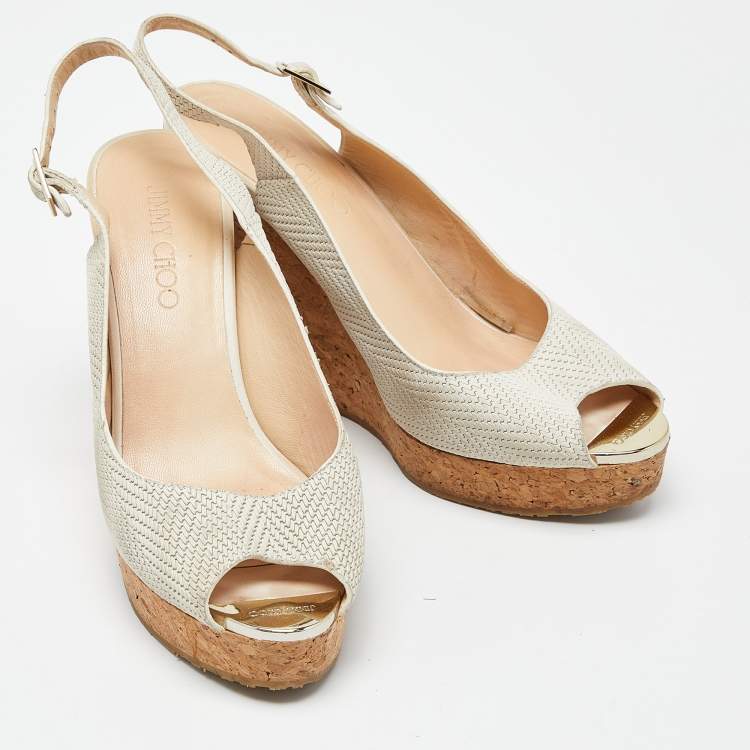 Pre Owned Jimmy Choo Grey Faux Leather Prova Slingback Cork Wedge Sandals Size 40.5
