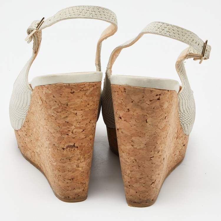 Pre Owned Jimmy Choo Grey Faux Leather Prova Slingback Cork Wedge Sandals Size 40.5