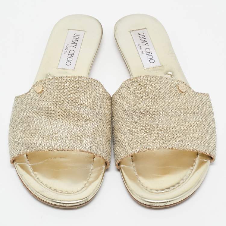 Pre Owned Jimmy Choo Golden Glitter and Leather Nanda Slides Size 38