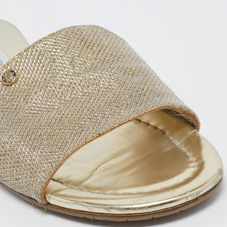 Pre Owned Jimmy Choo Golden Glitter and Leather Nanda Slides Size 38