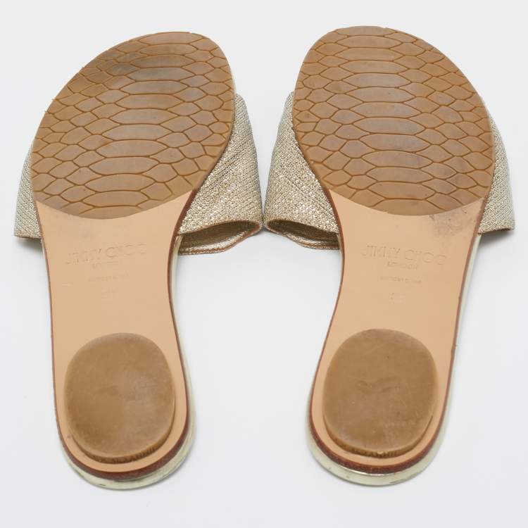Pre Owned Jimmy Choo Golden Glitter and Leather Nanda Slides Size 38