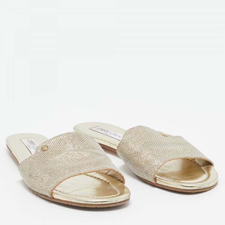 Pre Owned Jimmy Choo Golden Glitter and Leather Nanda Slides Size 38
