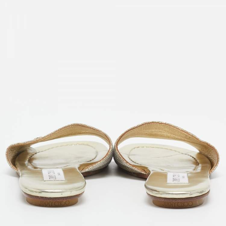 Pre Owned Jimmy Choo Golden Glitter and Leather Nanda Slides Size 38