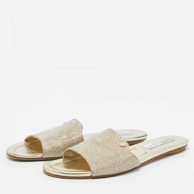 Pre Owned Jimmy Choo Golden Glitter and Leather Nanda Slides Size 38