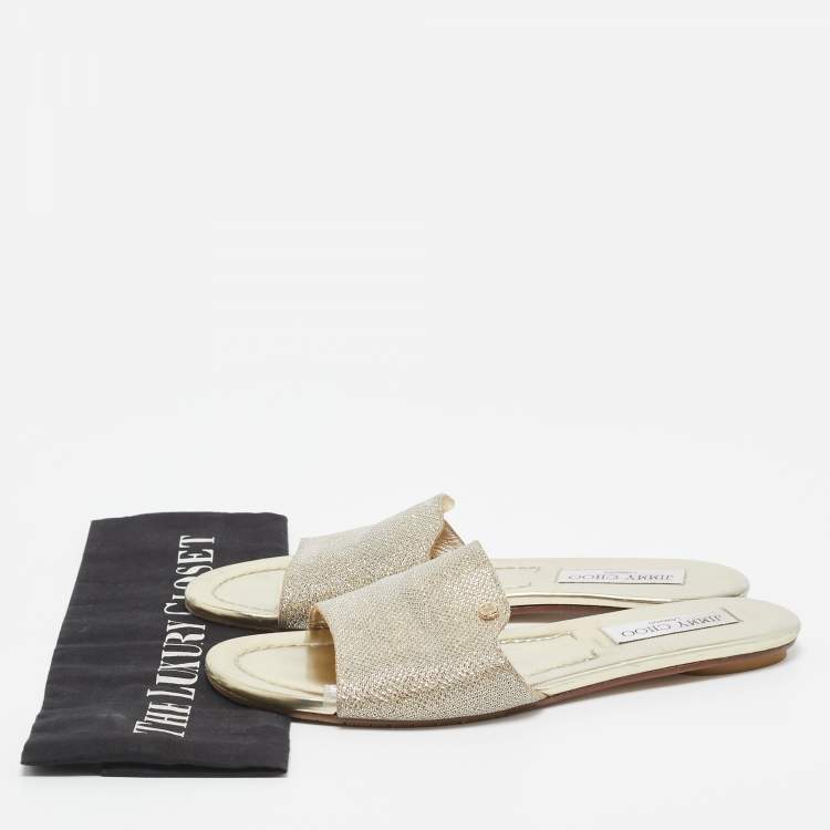 Pre Owned Jimmy Choo Golden Glitter and Leather Nanda Slides Size 38