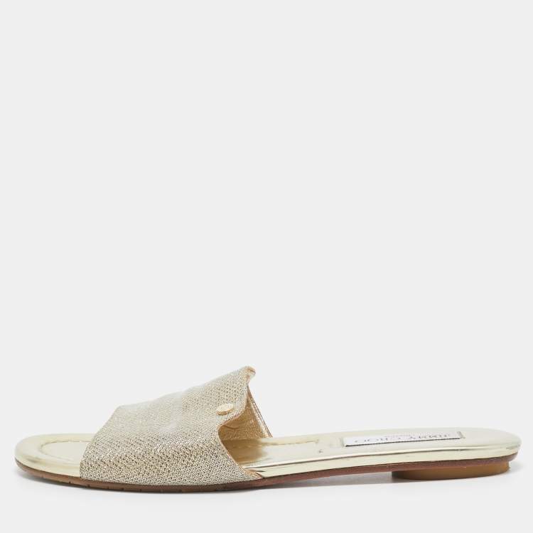 Pre Owned Jimmy Choo Golden Glitter and Leather Nanda Slides Size 38