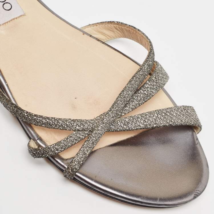 Pre Owned Jimmy Choo Metallic Glitter and Leather Strappy Flat Sandals Size 39