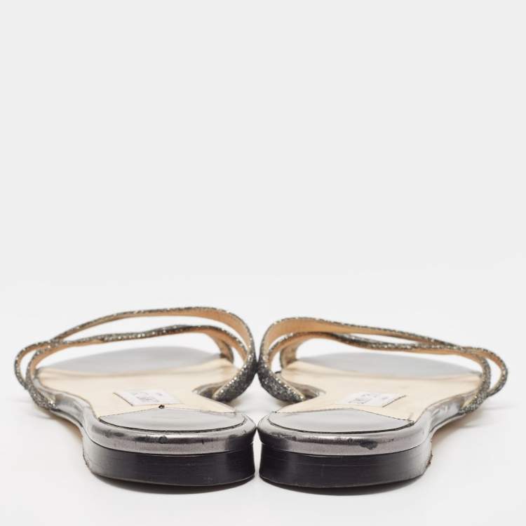Pre Owned Jimmy Choo Metallic Glitter and Leather Strappy Flat Sandals Size 39