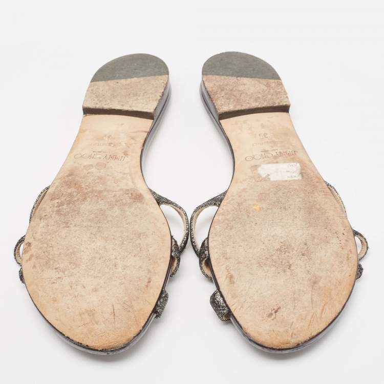 Pre Owned Jimmy Choo Metallic Glitter and Leather Strappy Flat Sandals Size 39