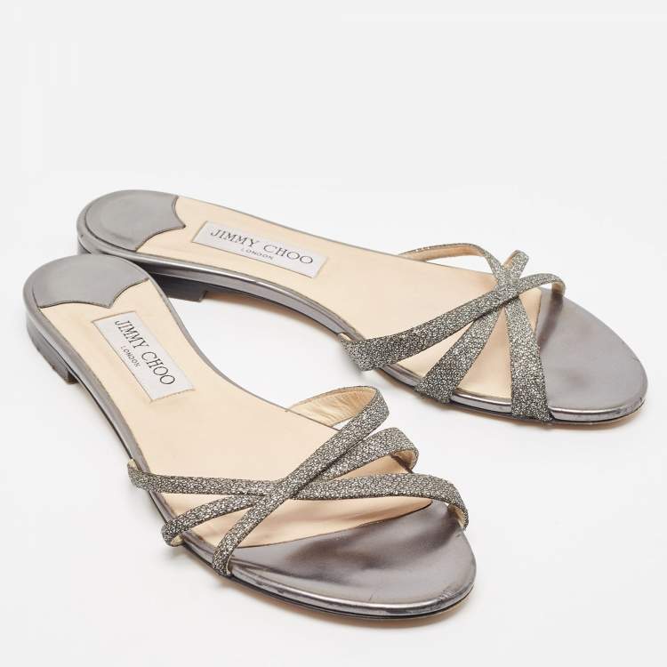 Pre Owned Jimmy Choo Metallic Glitter and Leather Strappy Flat Sandals Size 39