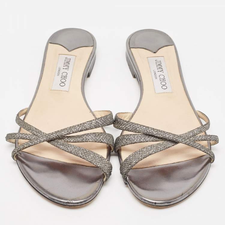 Pre Owned Jimmy Choo Metallic Glitter and Leather Strappy Flat Sandals Size 39