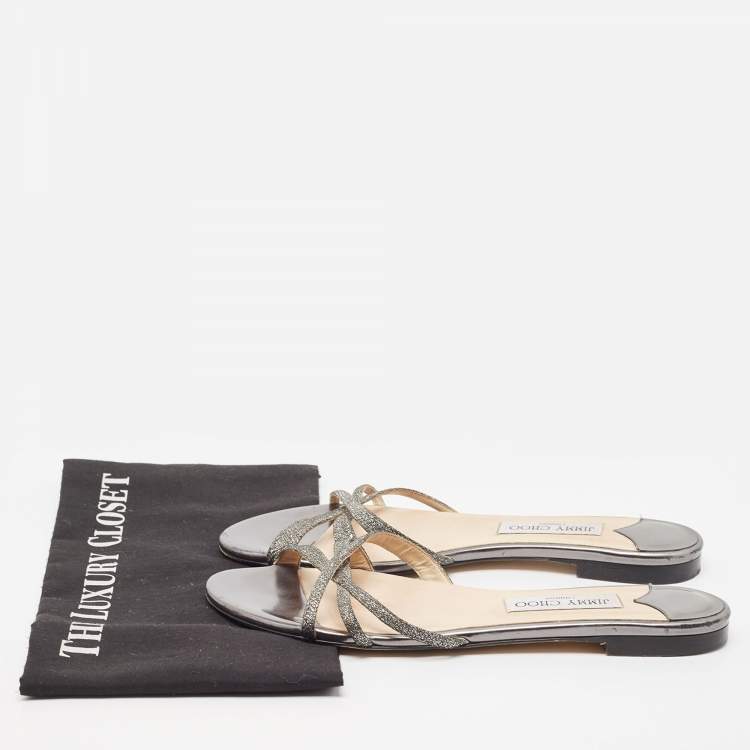 Pre Owned Jimmy Choo Metallic Glitter and Leather Strappy Flat Sandals Size 39