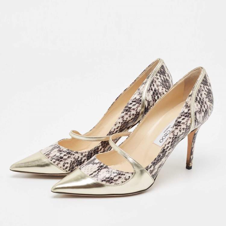 Pre Owned Jimmy Choo Gold/Black Snakeskin Embossed and Leather Mantic Pumps Size 40