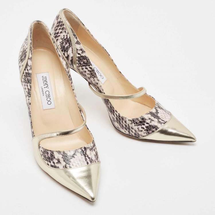 Pre Owned Jimmy Choo Gold/Black Snakeskin Embossed and Leather Mantic Pumps Size 40