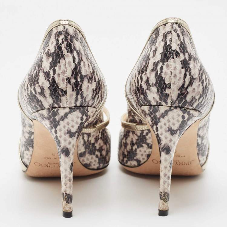 Pre Owned Jimmy Choo Gold/Black Snakeskin Embossed and Leather Mantic Pumps Size 40