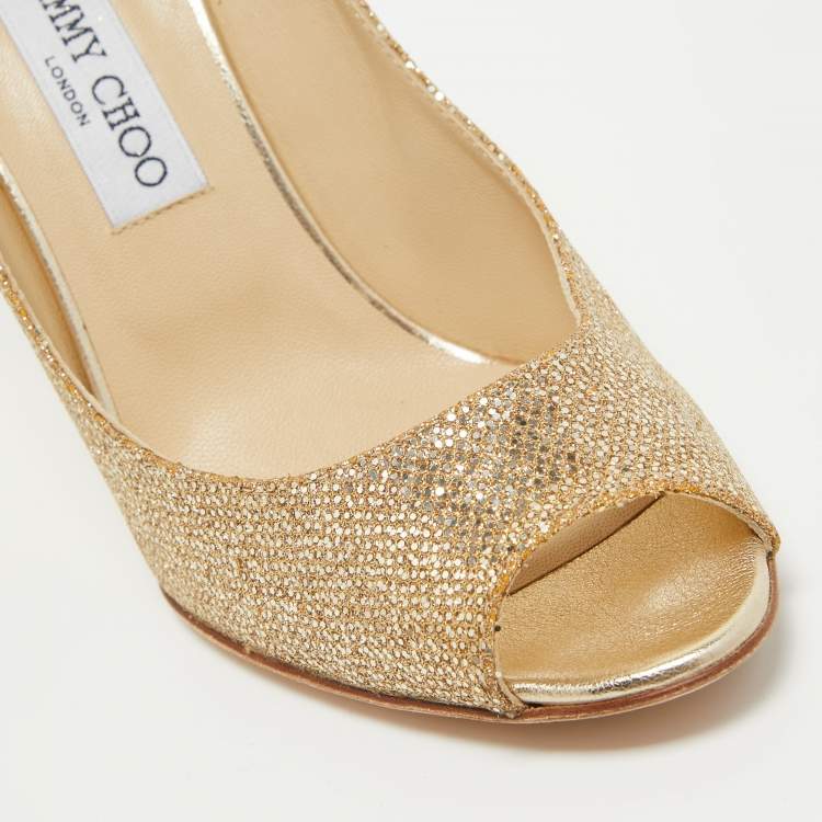 Pre Owned Jimmy Choo Gold Glitter Bello Peep Toe Wedge Pumps Size 40