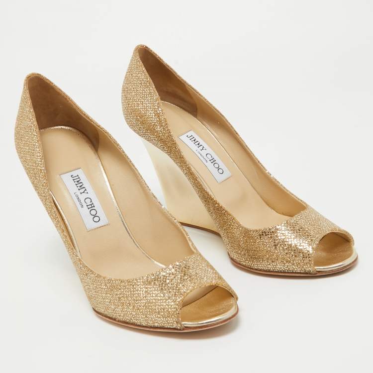 Pre Owned Jimmy Choo Gold Glitter Bello Peep Toe Wedge Pumps Size 40