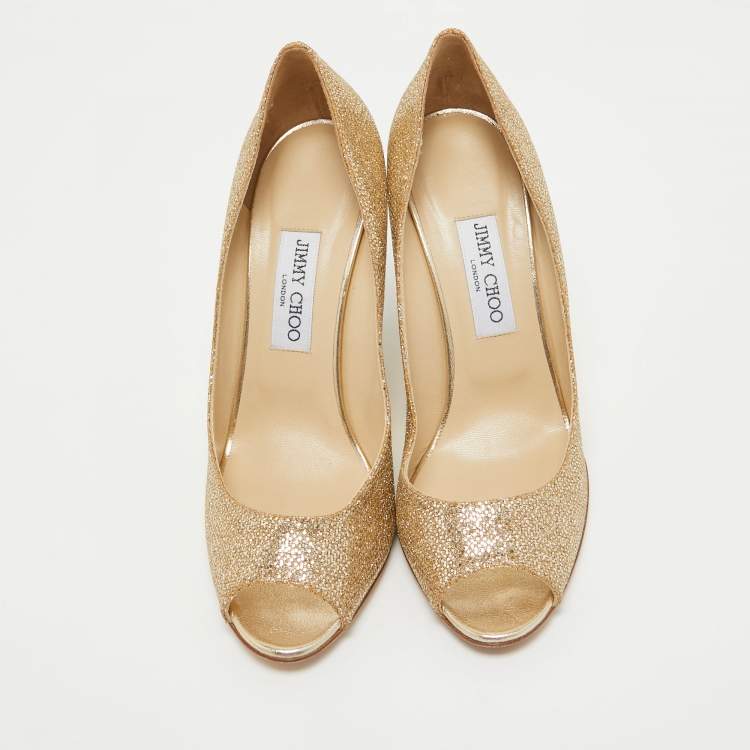 Pre Owned Jimmy Choo Gold Glitter Bello Peep Toe Wedge Pumps Size 40