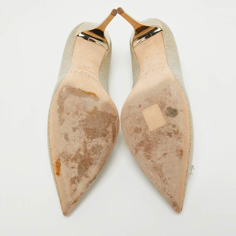 Pre Owned Jimmy Choo Metallic Gold Lamè Glitter Fabric Crystal Embellished Mamey Pumps Size 40