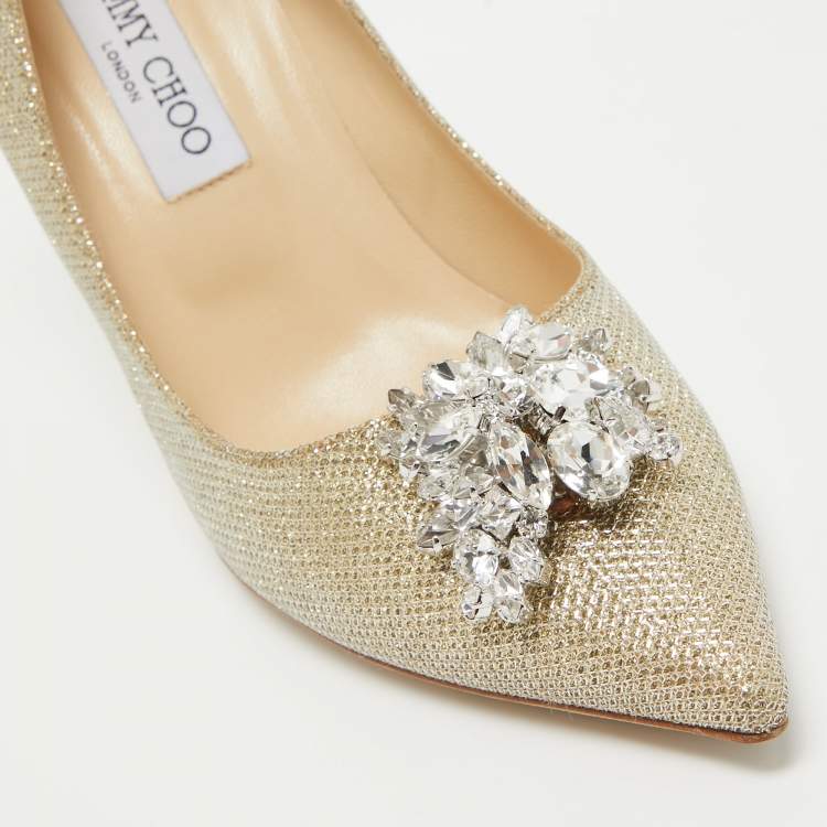 Pre Owned Jimmy Choo Metallic Gold Lamè Glitter Fabric Crystal Embellished Mamey Pumps Size 40