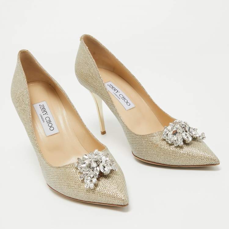 Pre Owned Jimmy Choo Metallic Gold Lamè Glitter Fabric Crystal Embellished Mamey Pumps Size 40