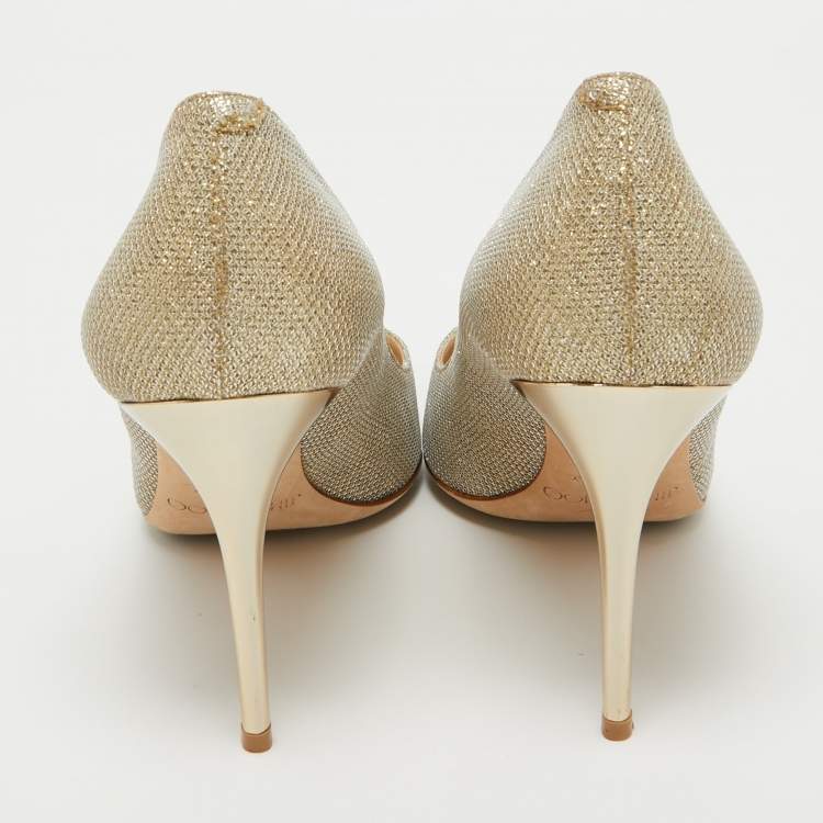 Pre Owned Jimmy Choo Metallic Gold Lamè Glitter Fabric Crystal Embellished Mamey Pumps Size 40