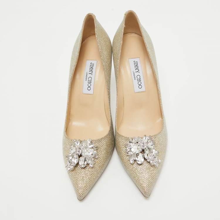 Pre Owned Jimmy Choo Metallic Gold Lamè Glitter Fabric Crystal Embellished Mamey Pumps Size 40