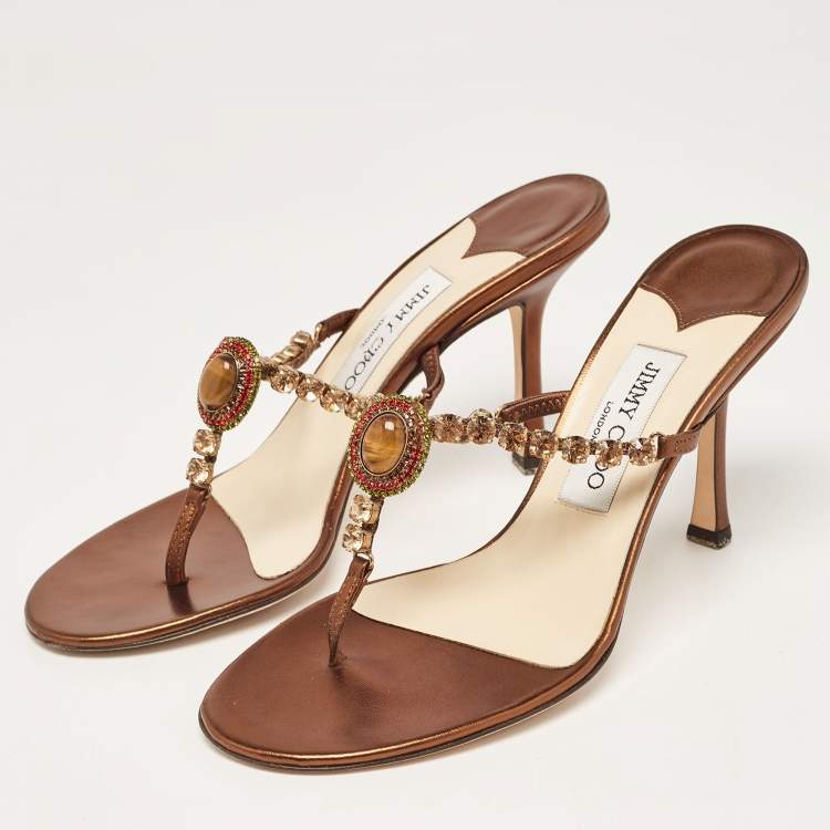 Pre Owned Jimmy Choo Metallic Bronze Leather Crystal Embellished Slide Sandals Size 39
