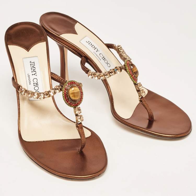 Pre Owned Jimmy Choo Metallic Bronze Leather Crystal Embellished Slide Sandals Size 39